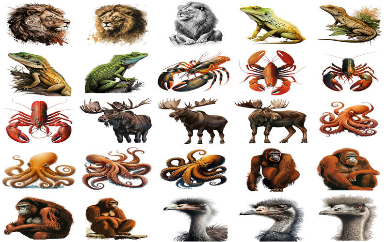 Collage of lion, frog,ostrich, orangutan,octopus and more animal pictures clipart