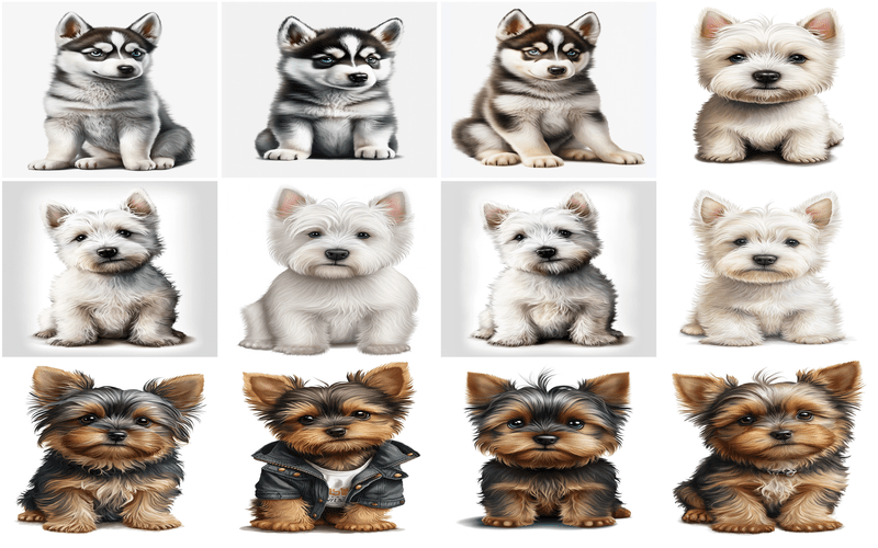heartwarming collage of animated baby dogs - cute puppy transparent background