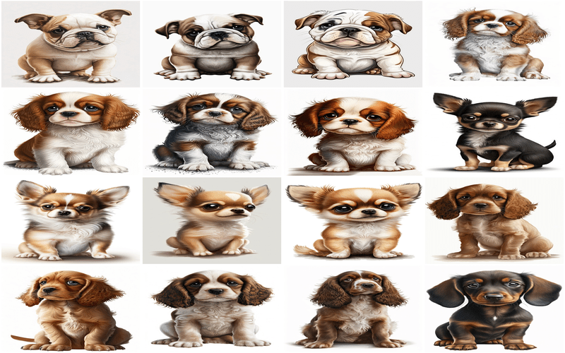 An animated collage of various puppy breeds, including fluffy, playful, and adorable baby dogs.