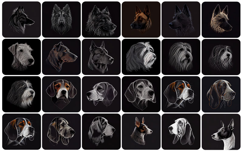 A collage of 24 pictures of dogs on a black background.