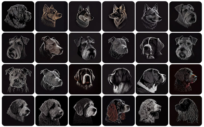 A collage of 24 pictures of dogs on a black background. dog breed photos