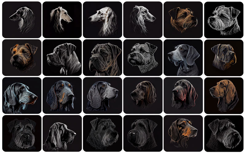 Image of the Bundle. A collage of 24 images of dog different dog breeds.