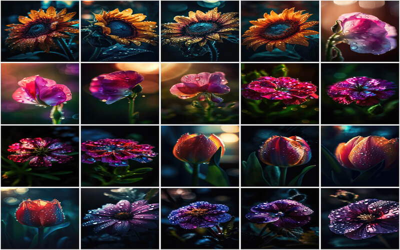 Variety of Flowers in Waterdrops: A Stunning Image Collage