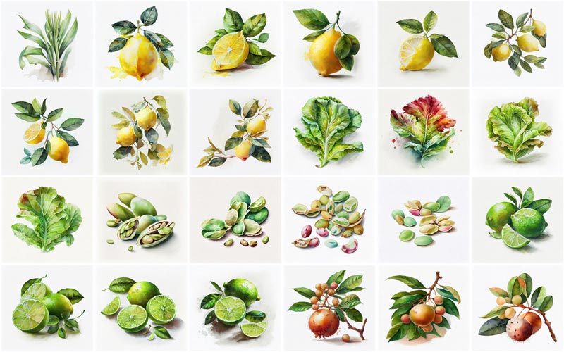 A collage of 24 images consists illustrations like, Lemons, Lettuce, Lima Beans Longan and Lime.