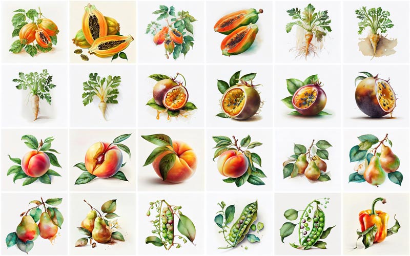 A collage of 24 images consisting different types of fruits and vegetables illustrations like, Papaya, Passion Fruits, Peaches, Pears and Peas.