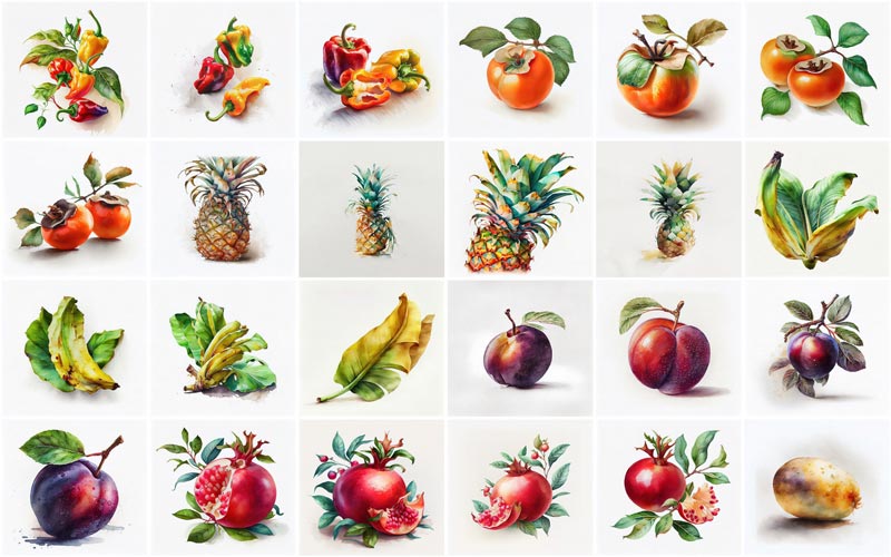 A collage of 24 images consisting different types of fruits and vegetables illustrations like, Peppers, Pineapples, Plums, Plantains and Potatoes.