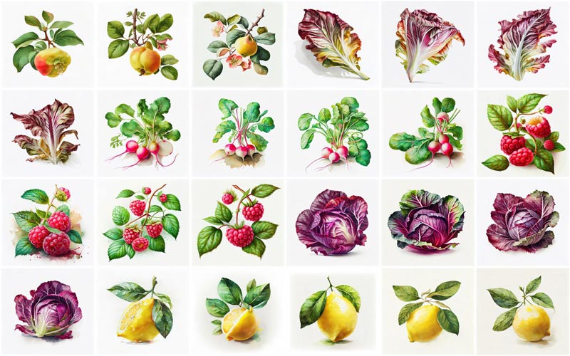 A collage of 24 images consisting different types of fruits and vegetables illustrations like, Radicchio, Radishes, Raspberries, Red Cabbage and Retro Lemon.