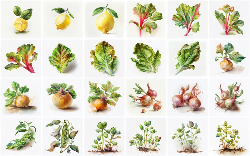 A collage of 24 images consists illustrations like, Retro Lemons, Rhubarb, Romaine Lettuce, Rutabaga, Shallots and Sprouts.
