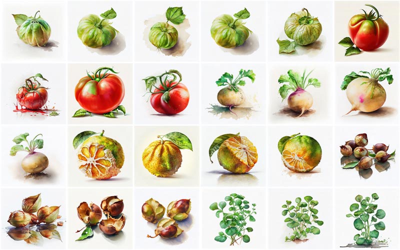 A collage of 24 images consisting different types of fruits and vegetables illustrations like, Tomatillo, Tomatoes, Turnip, Ugli Fruit, Water Chestnut and Watercress