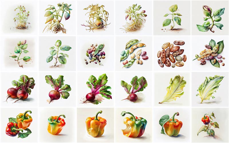 A collage of 24 images consisting different types of fruits and vegetables illustrations like, Bell pepper, Beet-roots, Beans and Bean Sprouts - fruit and vegetable graphics