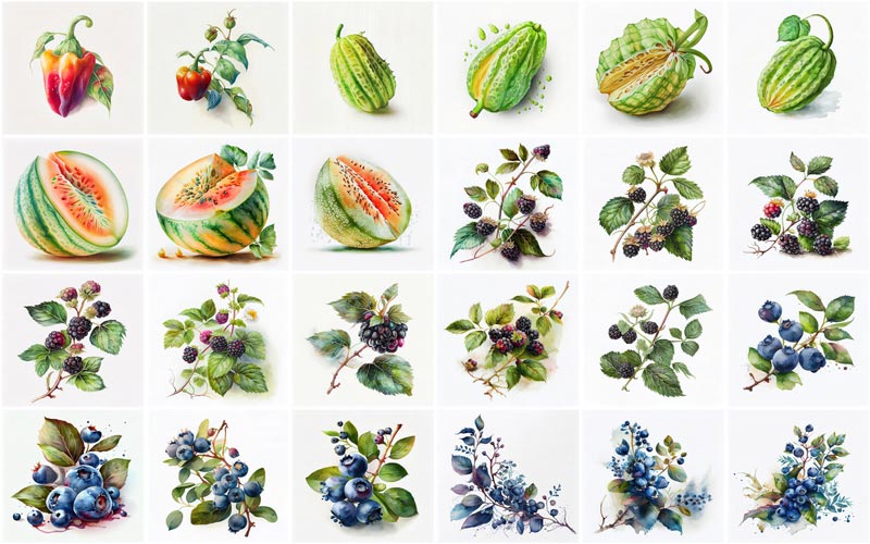 A collage of 24 images consists illustrations like, Bitter Melons, Blueberries, Bell pepper and Blackberries.