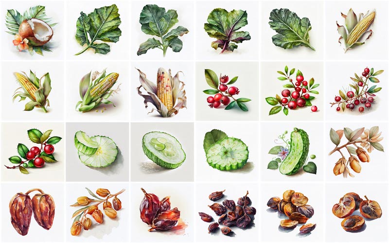 A collage of 24 images consists illustrations like, Cherries, Coconuts, Corn and Cucumber -food illustrations