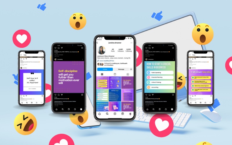 5 mobile phones, displaying the various templates of this instagram design templates bundle Instagram post templates