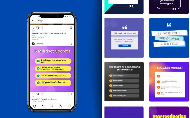 An image which has a mobile phone on the left side of the image which has a preview of Instagram page displaying a post and to the right side of the images there are 4 quotes displayed in a square shaped box. Instagram post templates