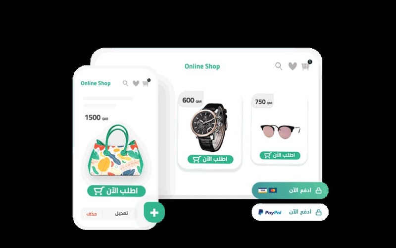 A preview of the desktop tab amde with Fatora - Customer management Tool which has a black watch and sunglasses. A mobile tab which has a ladies handbag that is available for 1500 QAR.