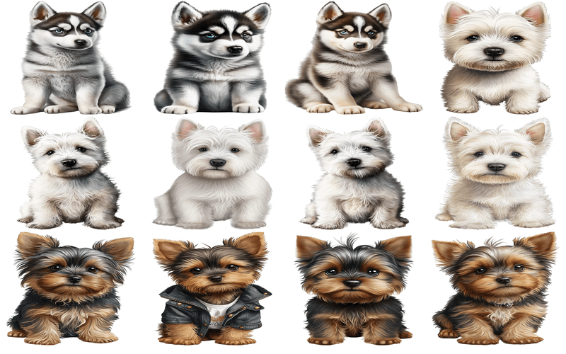 An animated collection featuring baby Dachshunds, Beagles, and Corgis, all depicted as playful and adorable puppies.