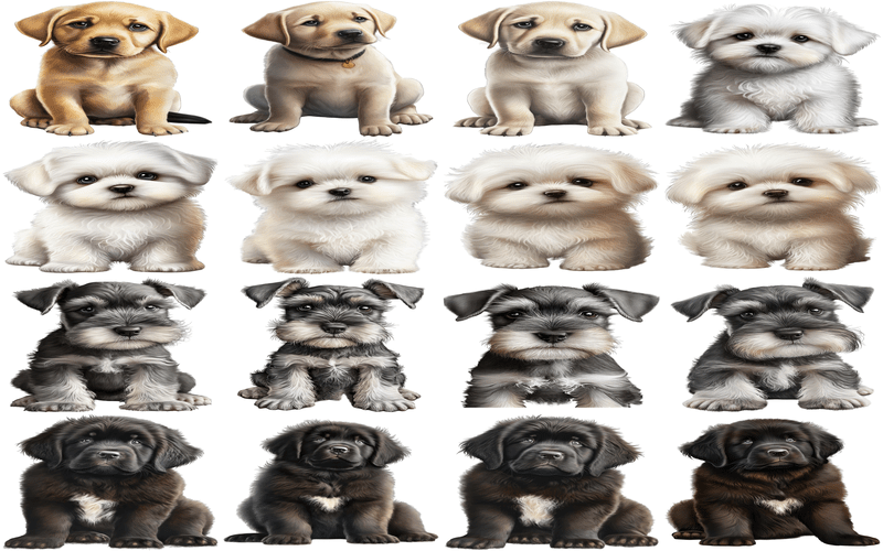 An animated collage of various puppy breeds, including fluffy, playful, and adorable baby dogs.