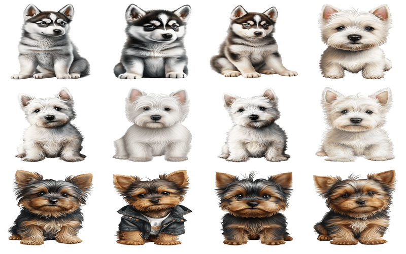 A collage of animated baby German Shepherds, Labrador Retrievers, and Pugs, showcasing their endearing puppy features