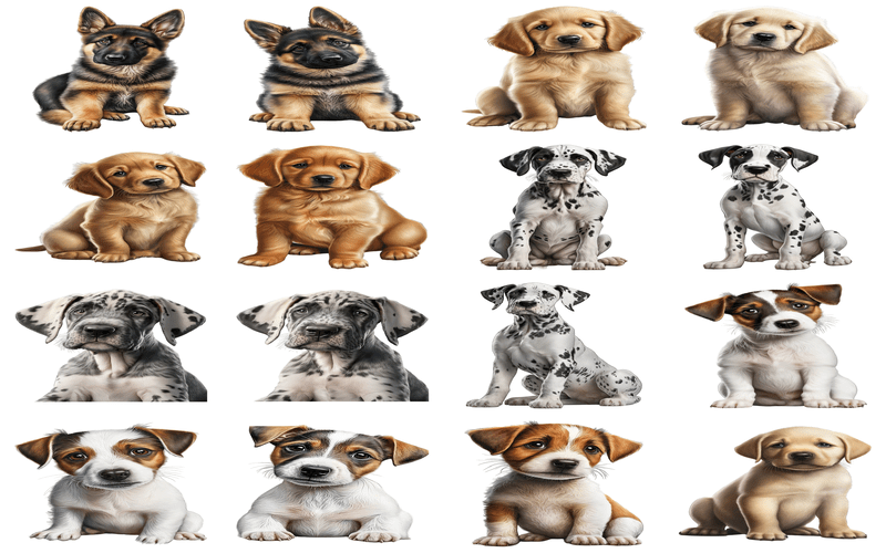 A collage of animated baby German Shepherds, Labrador Retrievers, and Pugs, showcasing their endearing puppy features