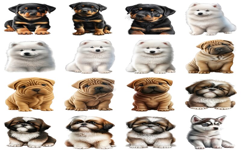 n animated collection of baby dogs, featuring different breeds in cute and delightful poses - puppy clipart
