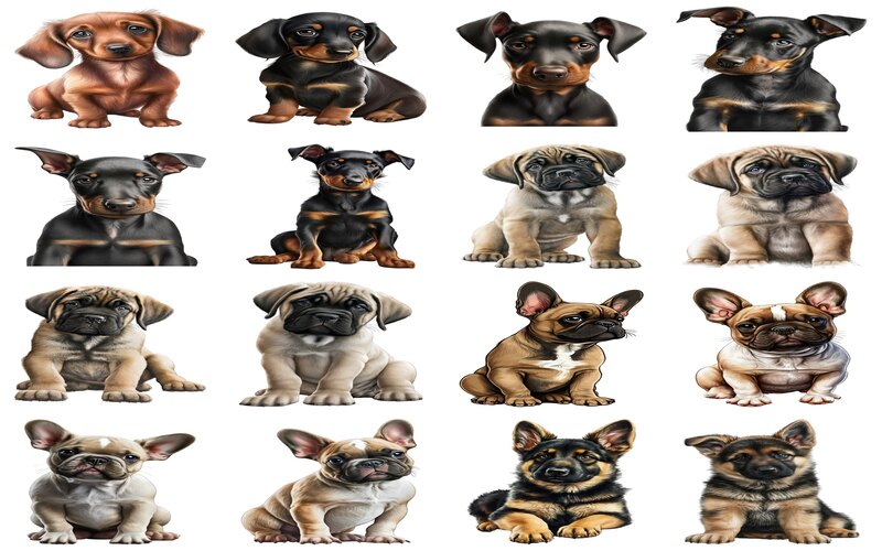 A collection of animated baby puppies, including playful Beagles and charming French Bulldogs, all in heartwarming poses