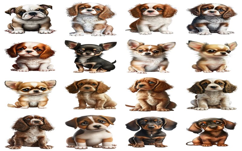 A vibrant collage of animated baby dogs, from tiny Chihuahuas to fluffy Golden Retrievers, each depicted as an adorable puppy 120 PNG Sublimation Puppies Transparent Preview Two - puppy clipart