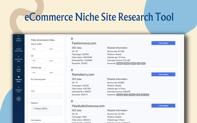 eCommerce Niche Site Research Tool in Affsync - find affiliate programs
