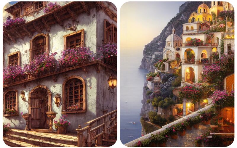 A collage of paintings with religious themes, including depictions of the Madonna and child, saints, and biblical scenes