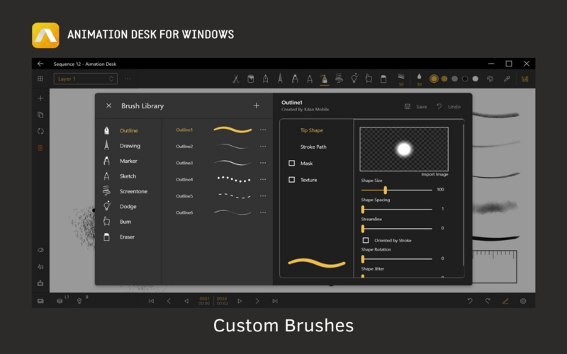 Custom Brushes available in Animation Desk - digital animation software