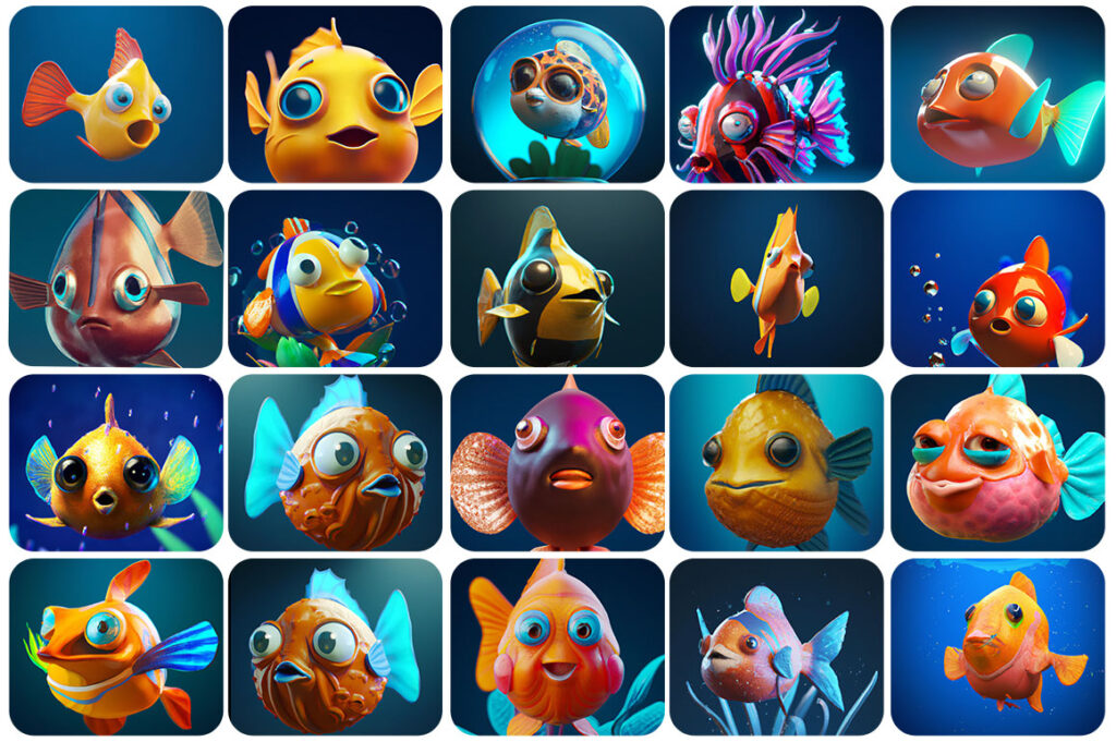 A collage of 20 cute fish pictures included in this collection.