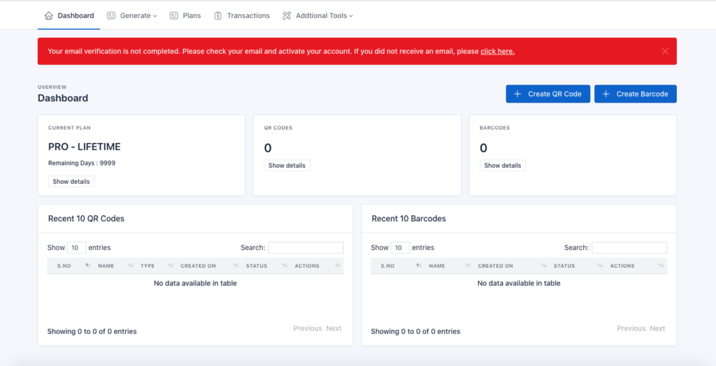 Dashboard View of Snap Scan App - qr code generator