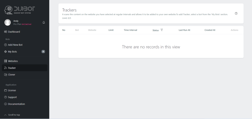 Tracker Tool displaying data fields used to scans the content on the website you have selected at regular intervals