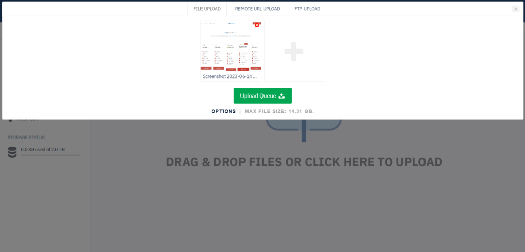 FileStreams - Lifetime cloud storage files upload option displaying drag and drop option and file upload size limit
