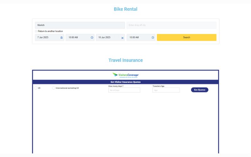 Travel insurance and bike rental to buy travel insurance or rent a bike from partnered companies of VacayGo