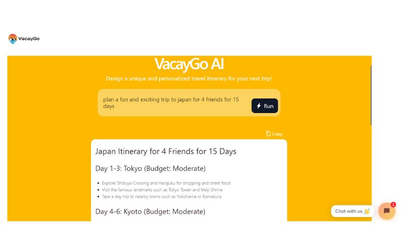 VacayGo's AI tool Creating detailed trip itineraries for japan