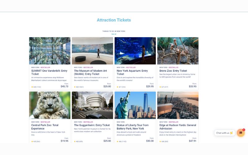 Book now tool displaying popular attraction tickets to book based on location