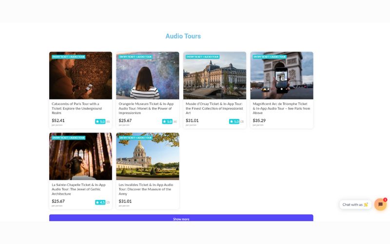 Book now tool displaying Audio tours for the selected location.
