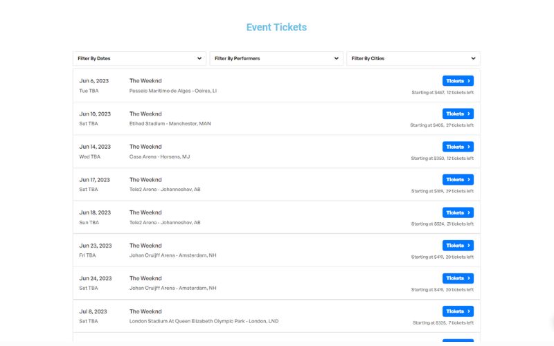 Book now tool displaying Event tickets for the location selected organized by dates