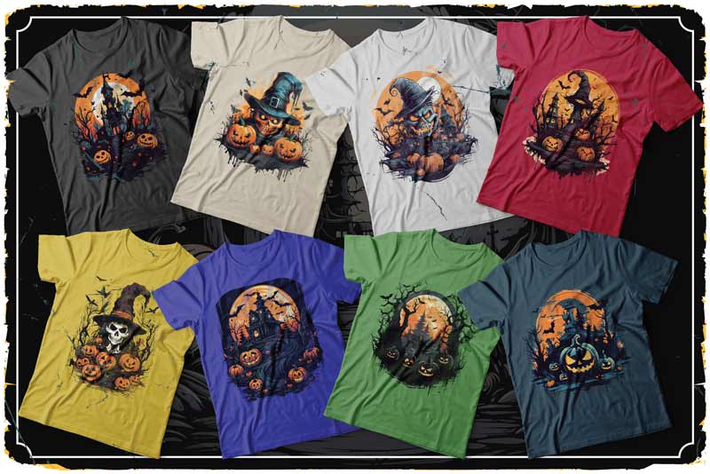 A collage of Halloween t-shirts designs with spooky images on it