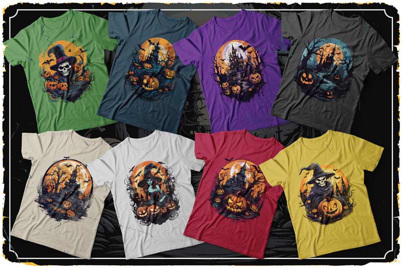 A collage of tshirts with haunted graphics on it - halloween graphic design