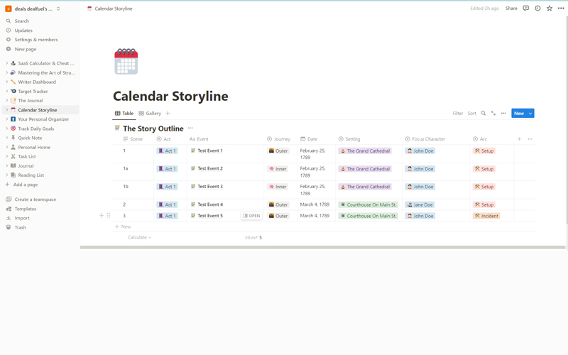 Calendar storyline template