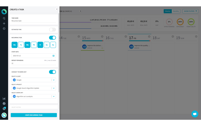 Task creator tool displaying options to create and plan a recurring task with setting like start date, repetition, days selection, client selection and more.