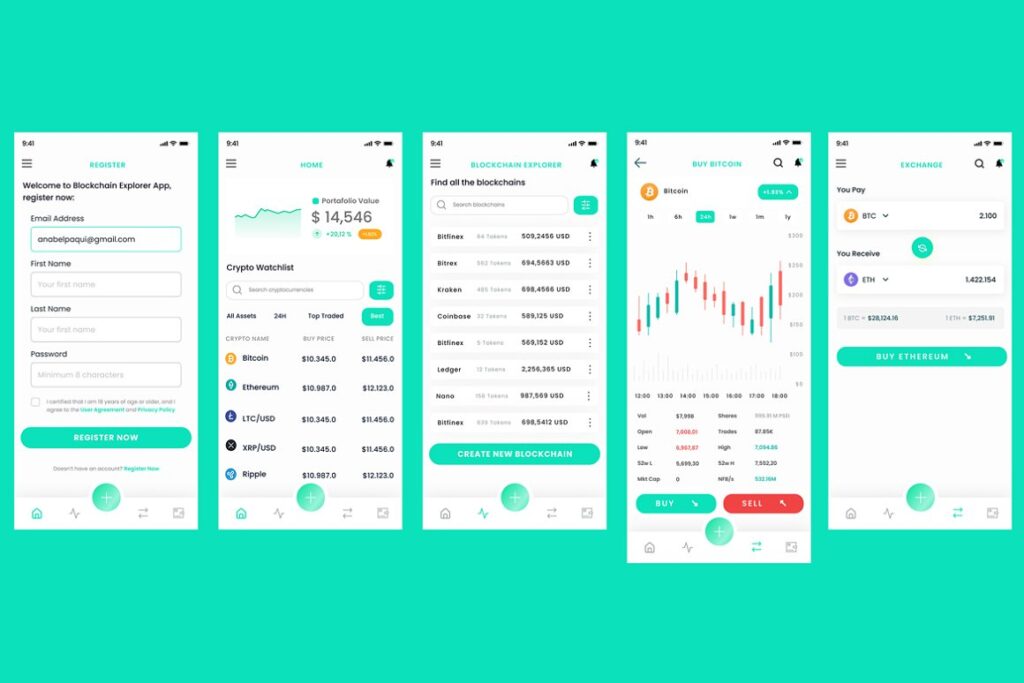Collage of User interface of block chain and crypto explorer app - figma mobile ui kit.