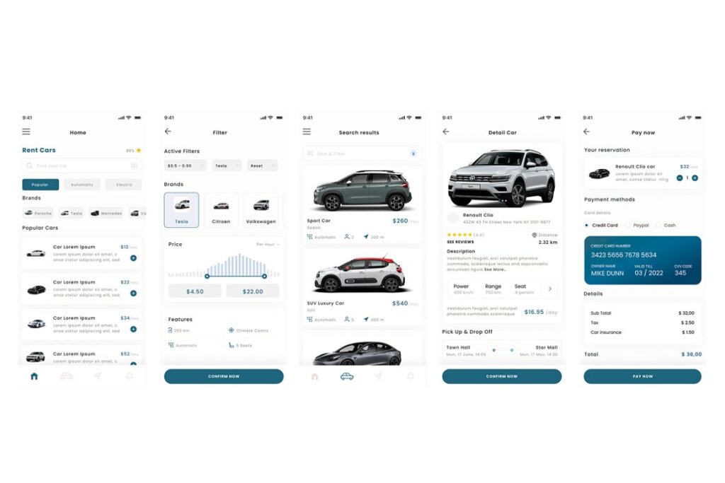 collage of ser interface of a car rental app - adobe xd mobile app ui kit.