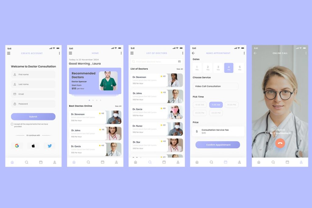 figma mobile ui kit of doctor health consultation app.