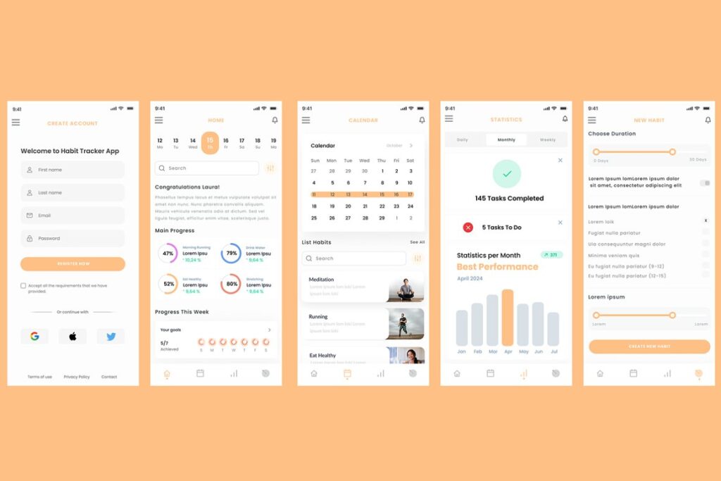 collage of UI of a Habit tracker app from adobe xd mobile app ui kit