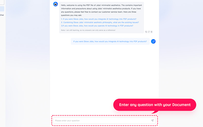 This image displays the feature to enter questions in AI PDF Tool
