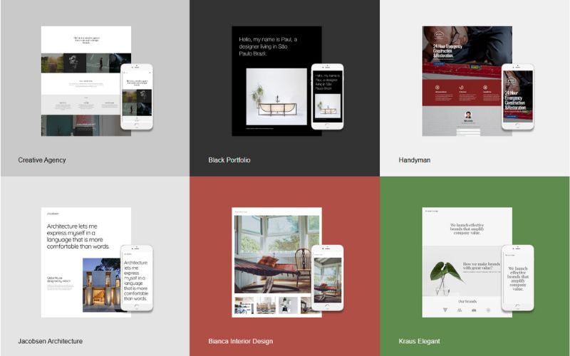 This image is a collage of the website templates available in Nocodeweb - build website without coding.
