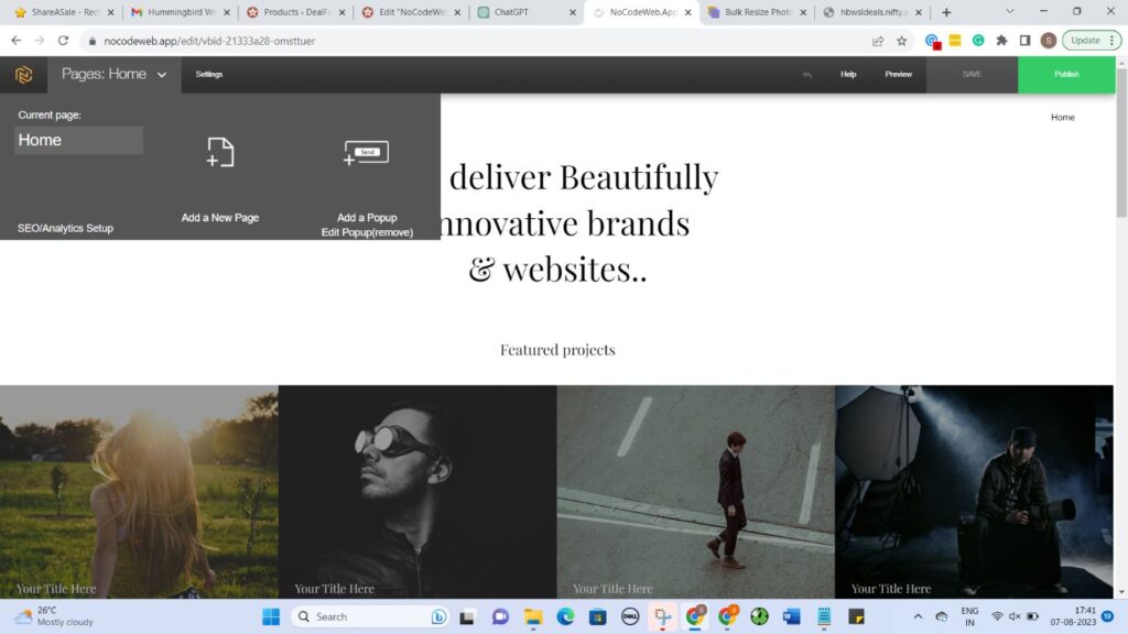 nocodeweb - code free website builder Page layout setup