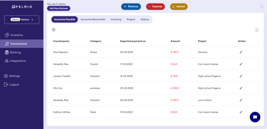 This image is displaying transactions dashboard - cashflow management platform